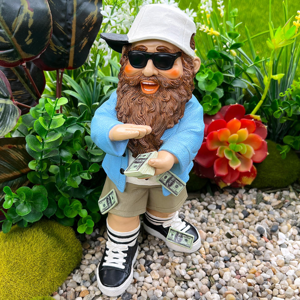 Mood Lab gnome beside potted plant to illustrate its compact scale