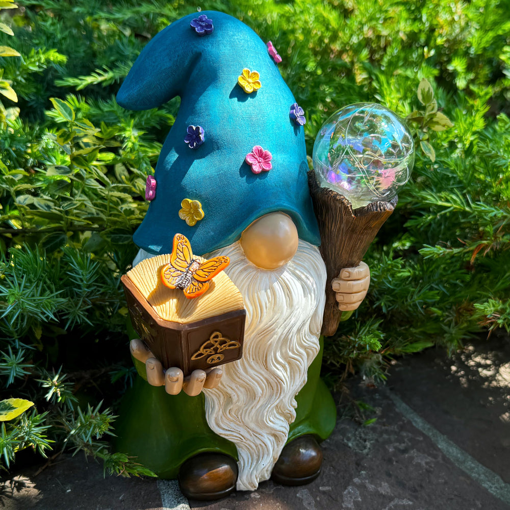 Mood Lab gnome beside ruler showing 9.45-inch scale for correct size reference