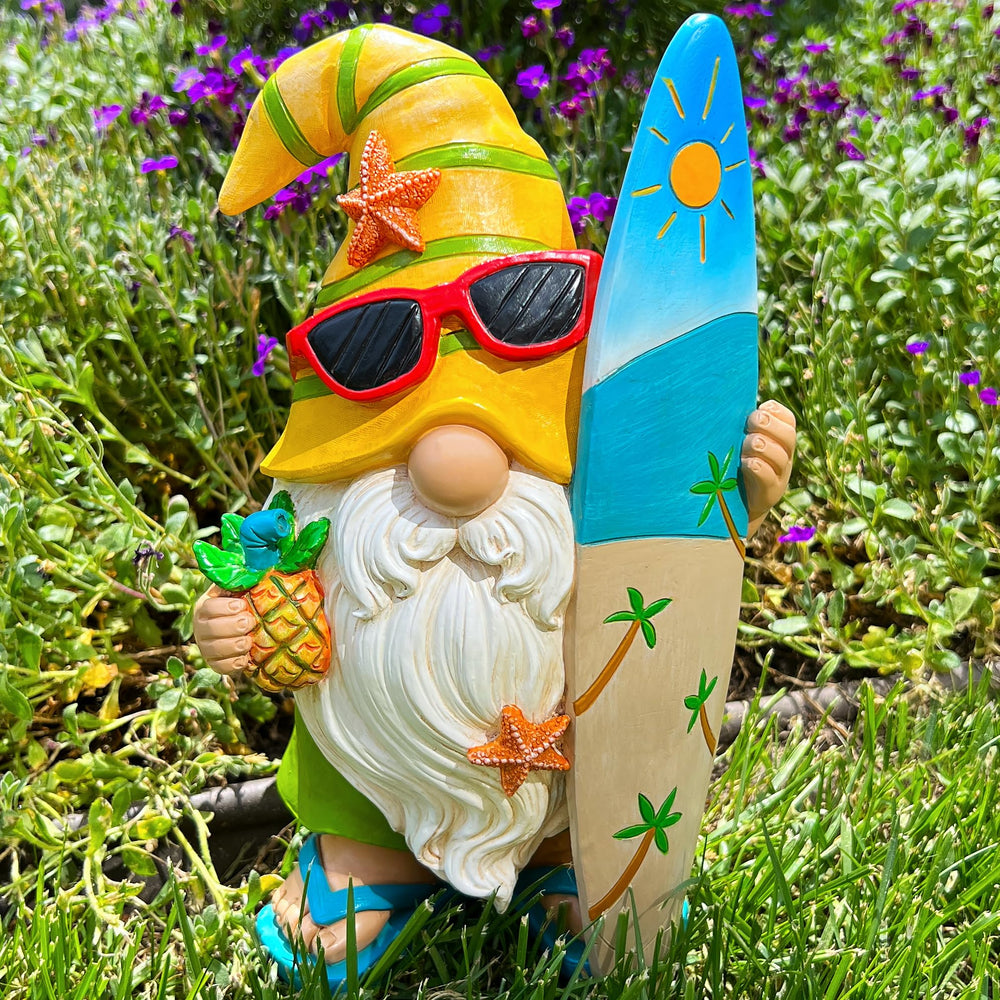 Mood Lab gnome on patio table showing outdoor charm and space-saving fit