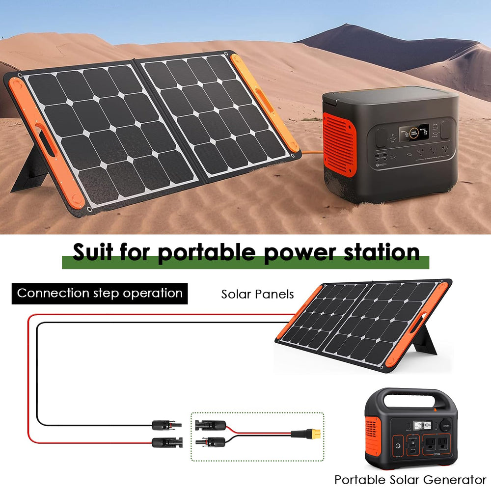 MOOKEERF cable connected to a portable solar panel illustrating real-world use