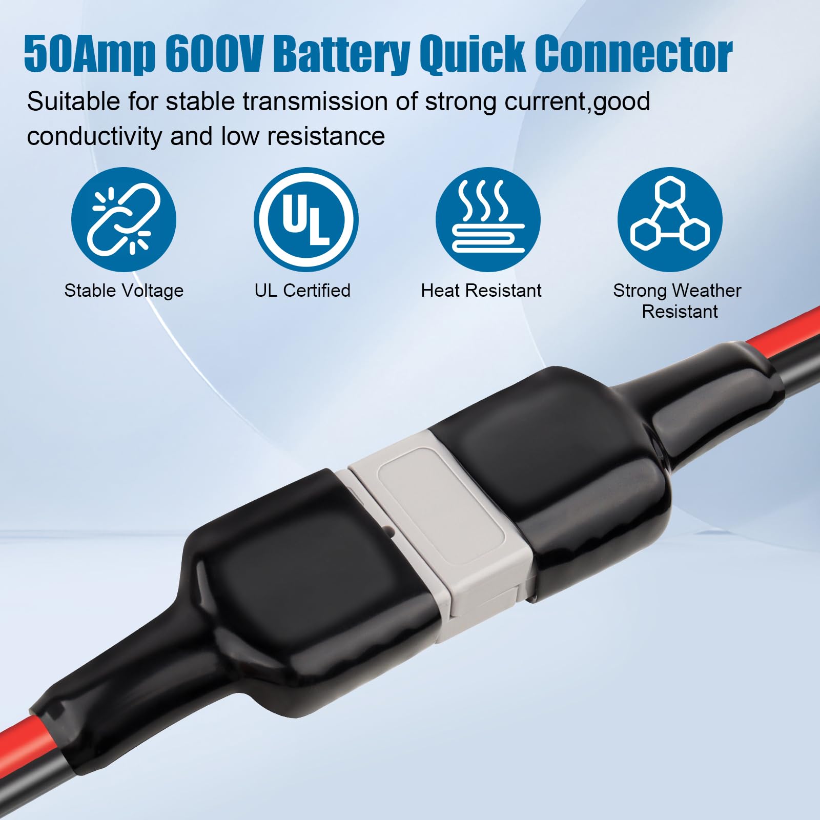 MOOKEERF cable connected to RV battery showing fast disconnect convenience