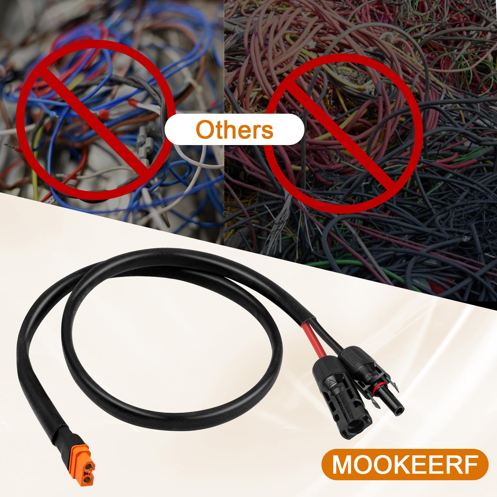 MOOKEERF cable connected to solar panel demonstrating outdoor use benefit
