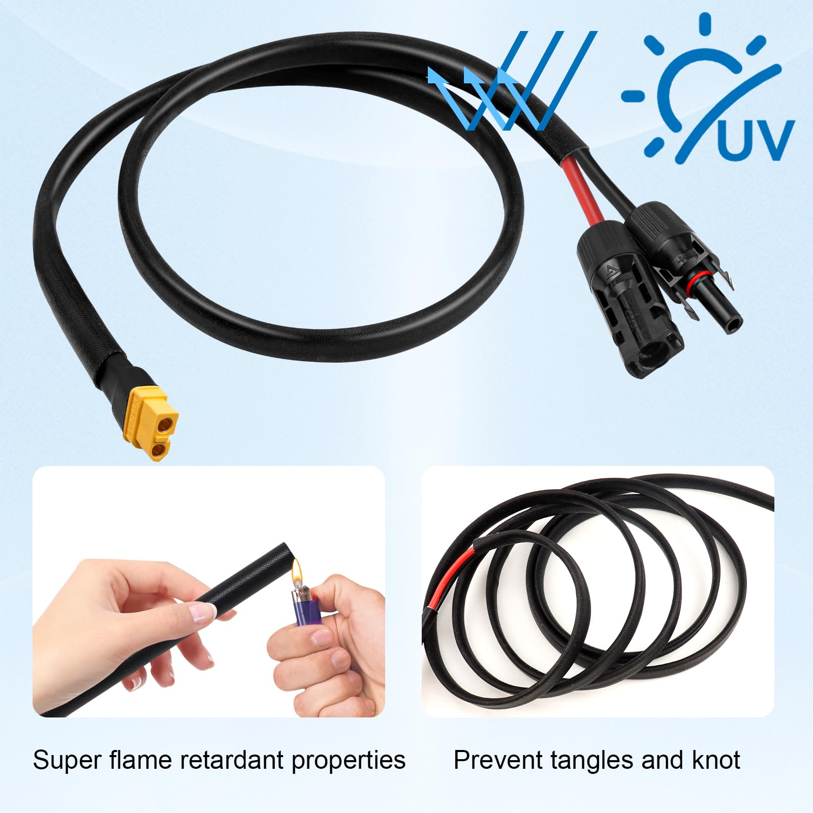 MOOKEERF cable installed on RV solar panel demonstrating convenient outdoor charging placement