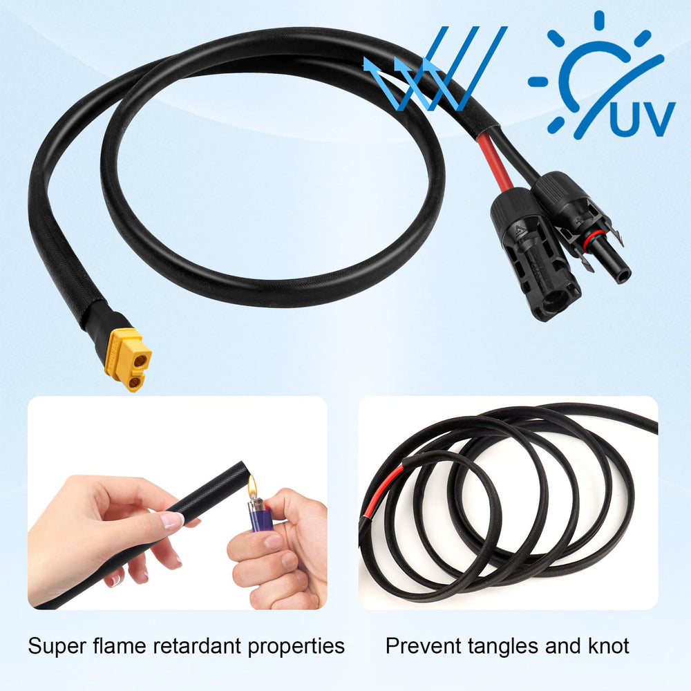 MOOKEERF cable installed on RV solar panel demonstrating convenient outdoor charging placement