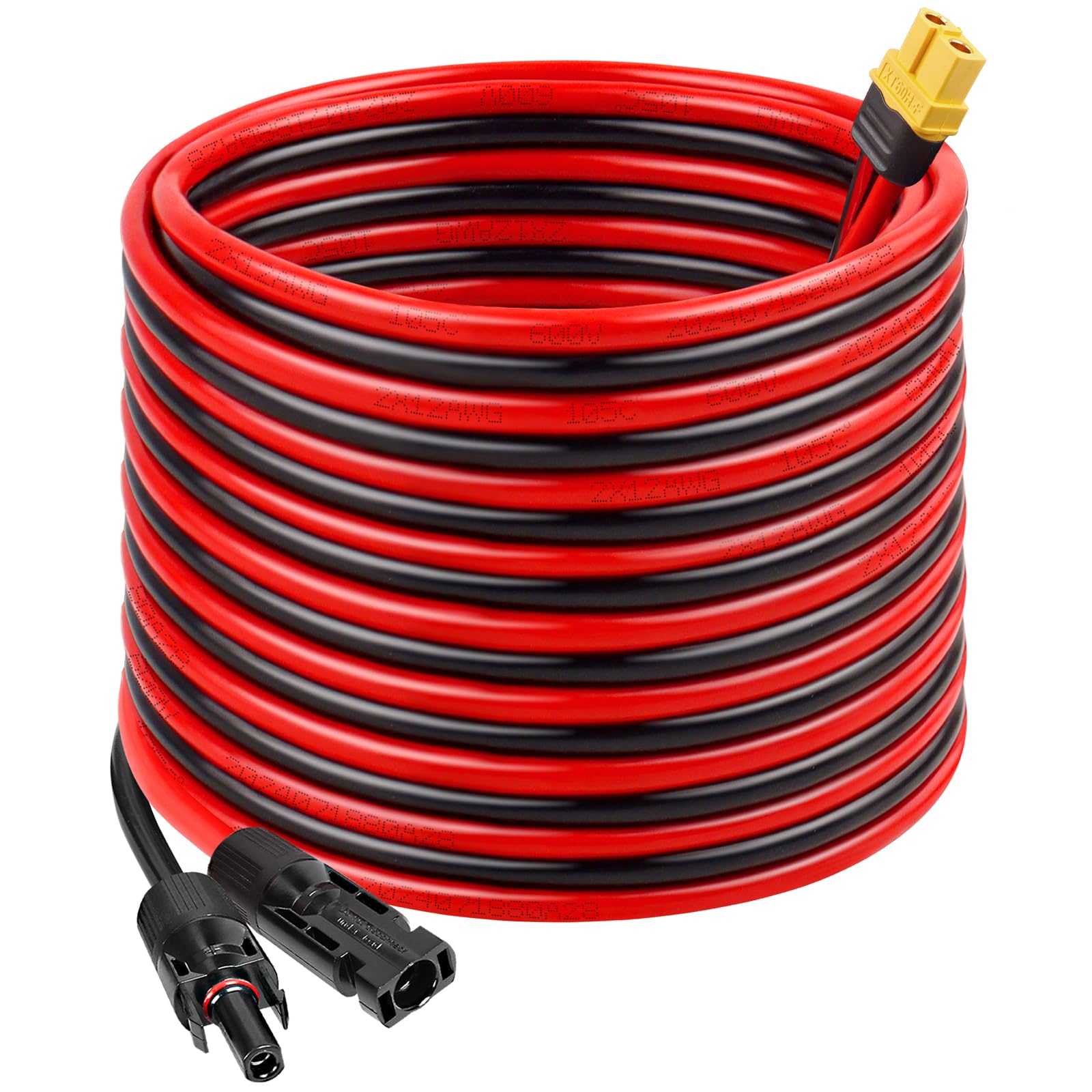 MOOKEERF front view of 25ft XT60 solar extension cable showing length and connectors for reliable charging