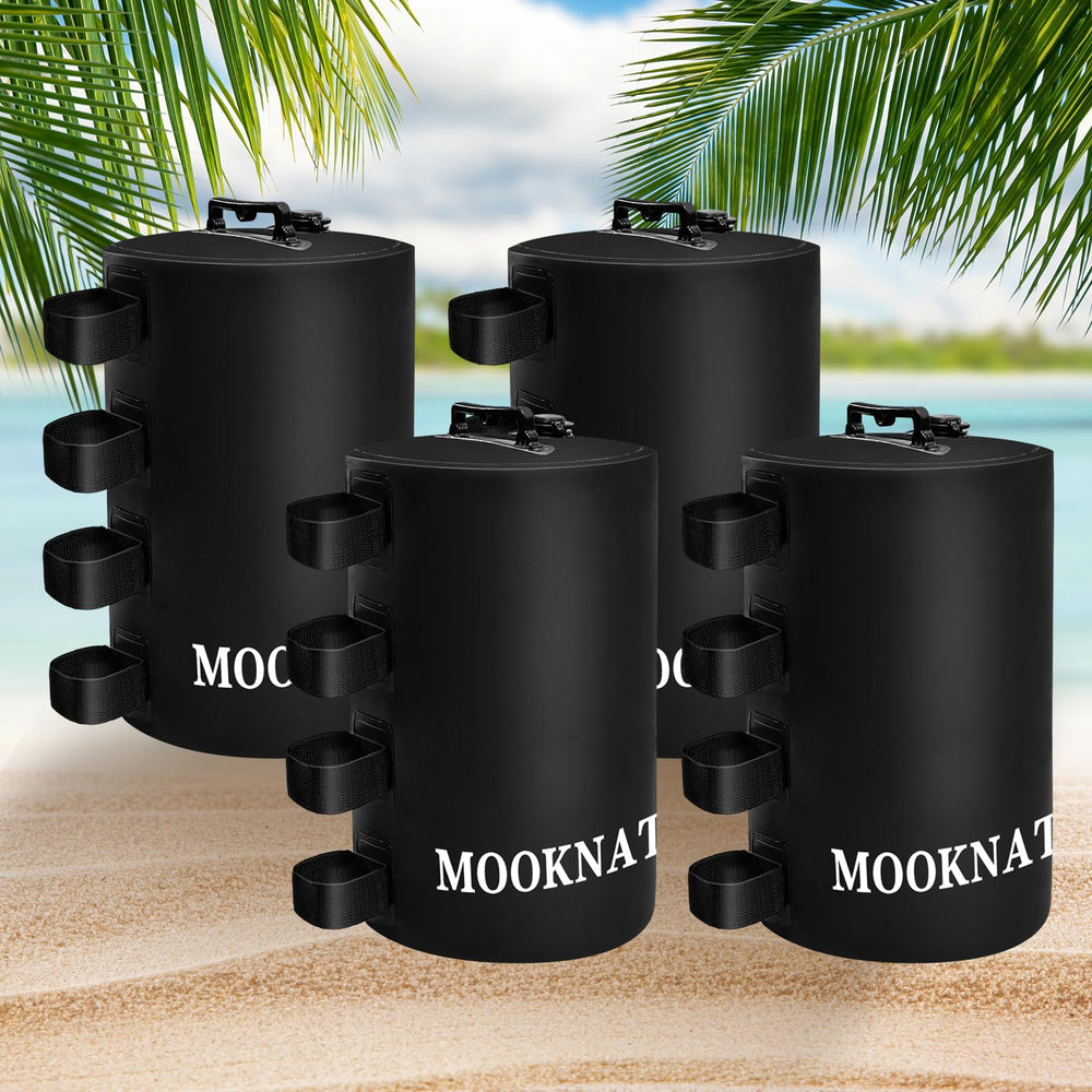 MOOKNAT front view of four black canopy water weights showing features and secure fit