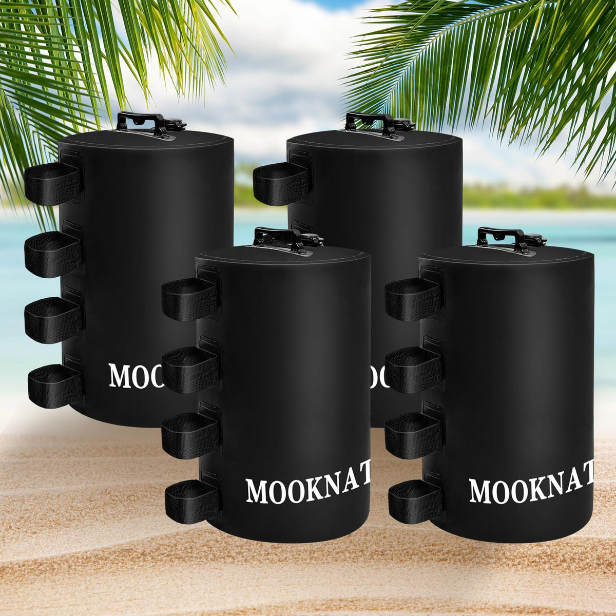 MOOKNAT front view of four black canopy water weights showing features and secure fit