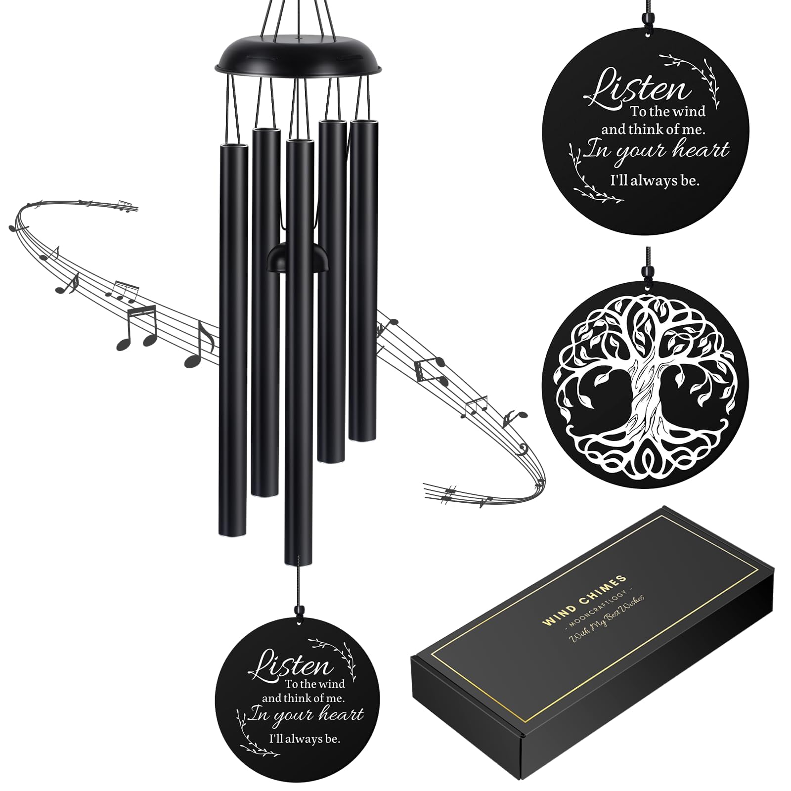 Mooncraftlogy front packaging view showing elegant memorial wind chime gift