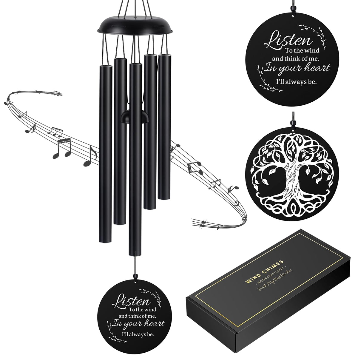 Mooncraftlogy front packaging view showing elegant memorial wind chime gift