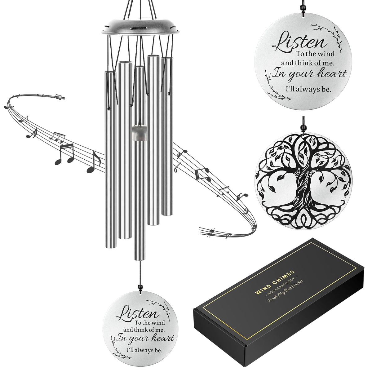 Mooncraftlogy front view boxed wind chime showing elegant gift presentation and lasting tribute