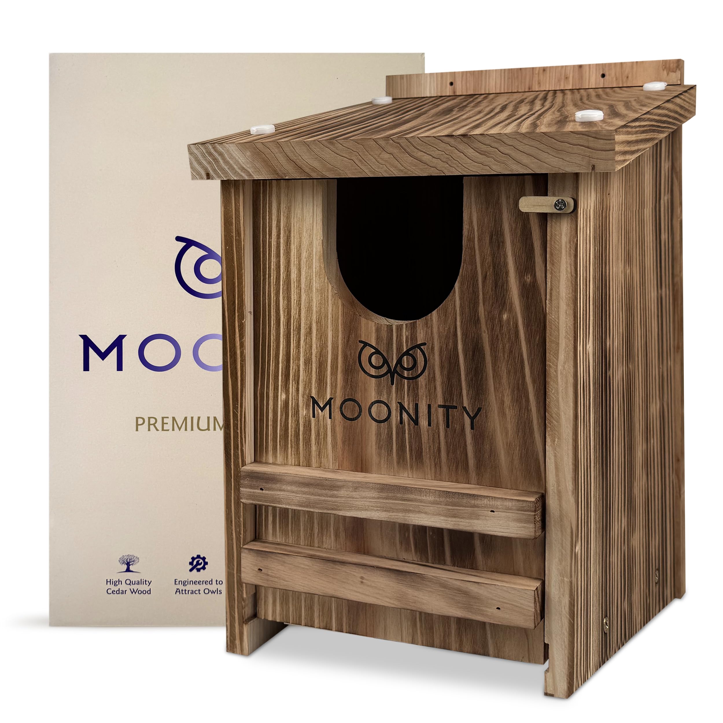 Moonity front view of cedar owl house showing weatherproof exterior and benefits
