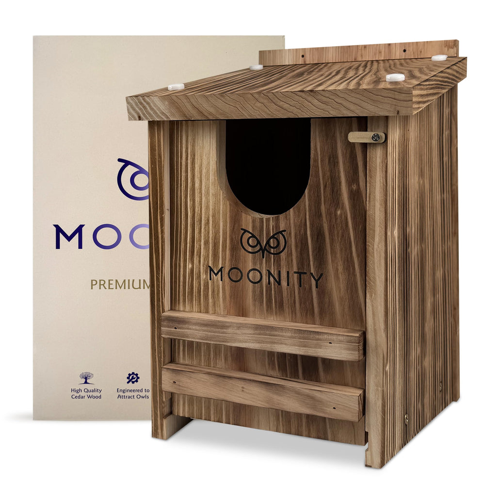 Moonity front view of cedar owl house showing weatherproof exterior and benefits