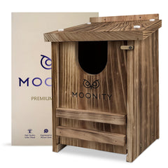 Moonity front view of cedar owl house showing weatherproof exterior and benefits