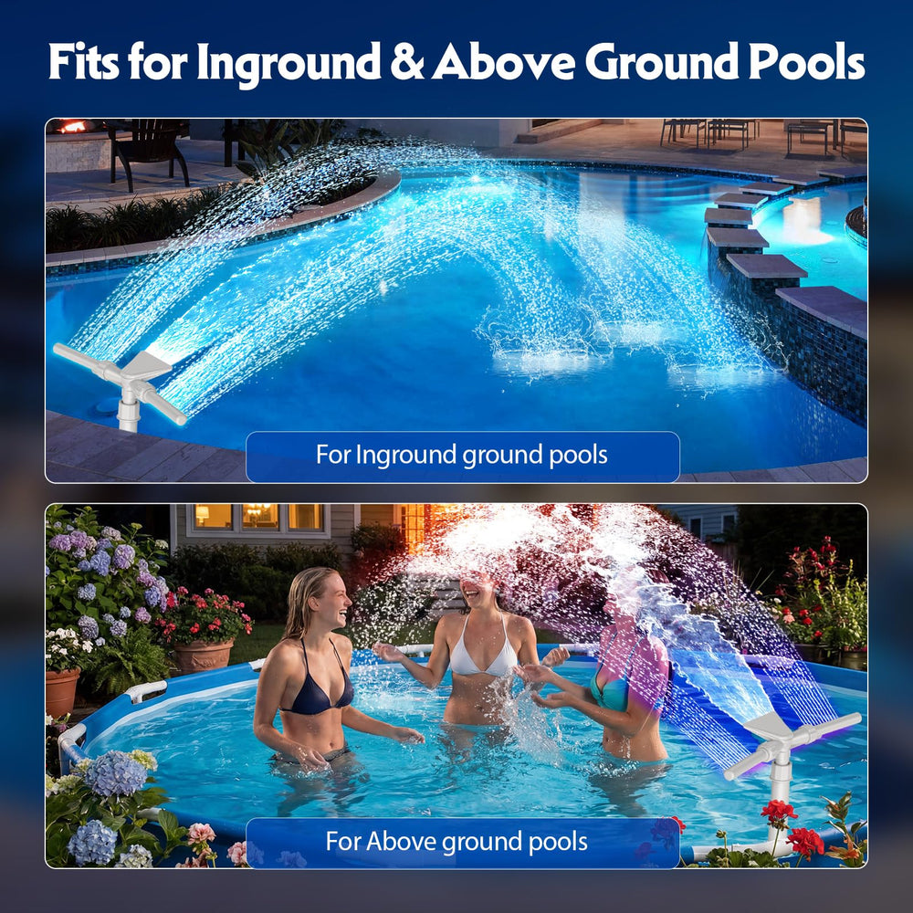 Mooroer installed on above-ground pool showing scale and coverage benefit: wide cooling reach