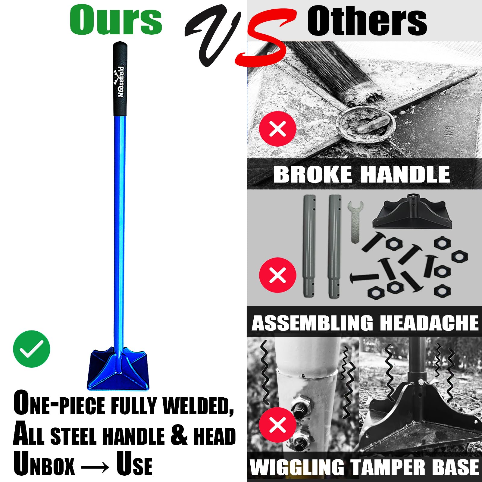 Moosefield tamper base detail highlighting welded steel and powder-coated durability benefit