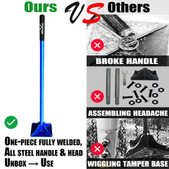 Moosefield tamper base detail highlighting welded steel and powder-coated durability benefit