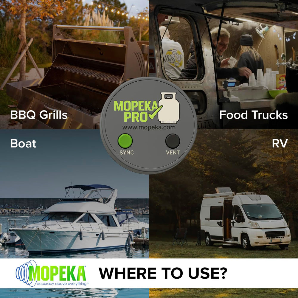 Mopeka Pro Check bubble level indicator visible to ensure correct sensor alignment