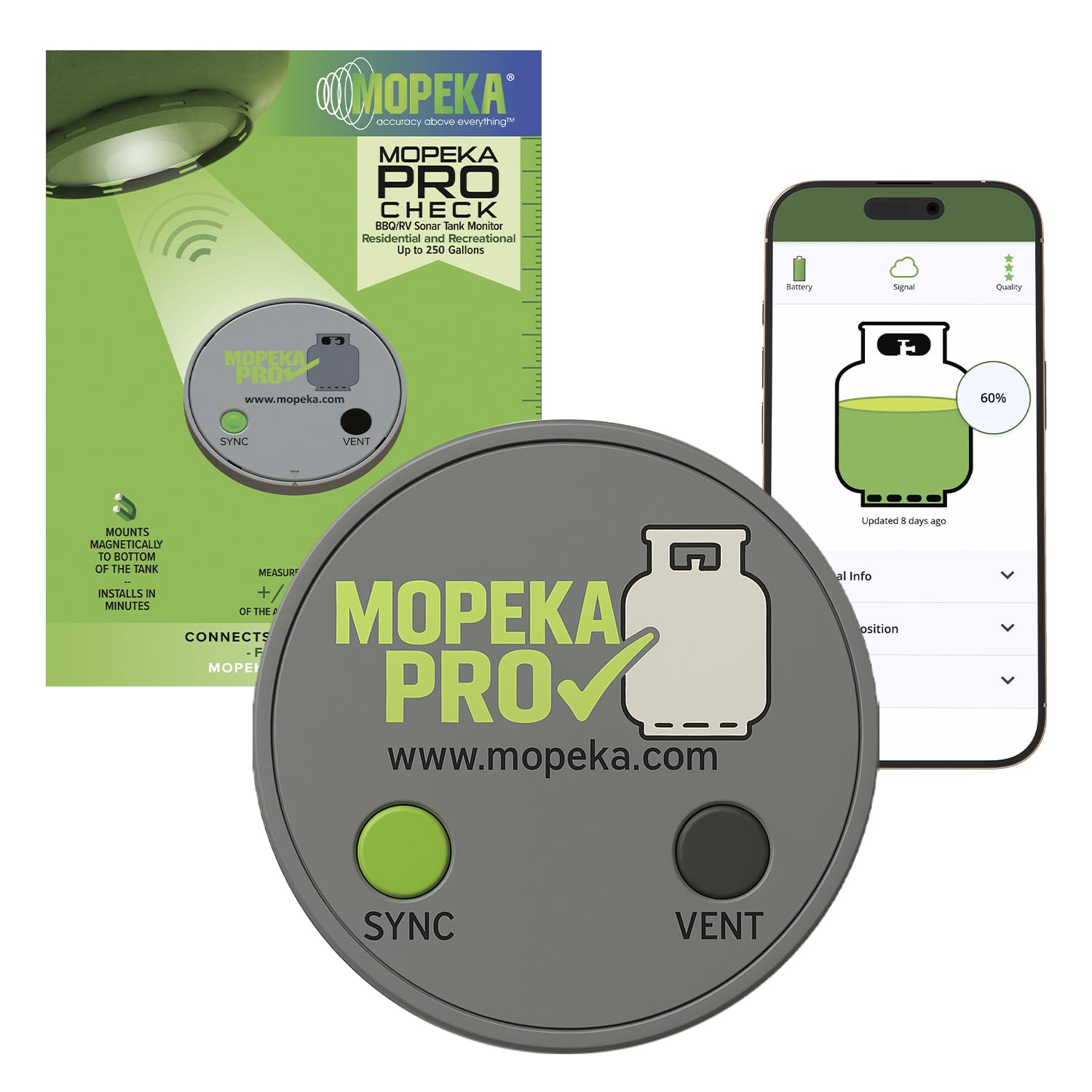 Mopeka Pro Check front view showing compact magnetic ultrasonic gauge and label benefits