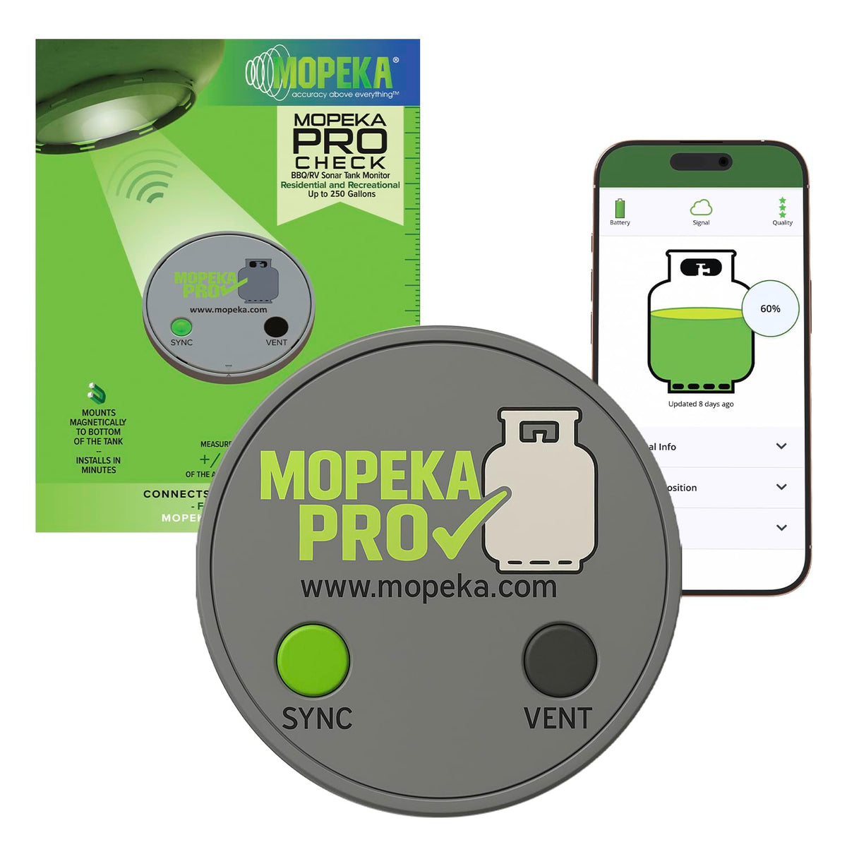 Mopeka Pro Check front view showing compact magnetic ultrasonic gauge and label benefits