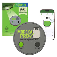 Mopeka Pro Check front view showing compact magnetic ultrasonic gauge and label benefits