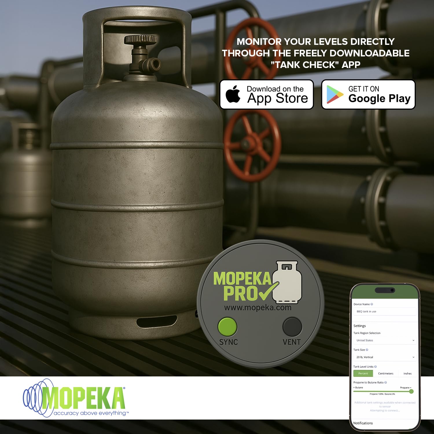 Mopeka Pro Check attached to an RV propane tank showing reliable remote monitoring