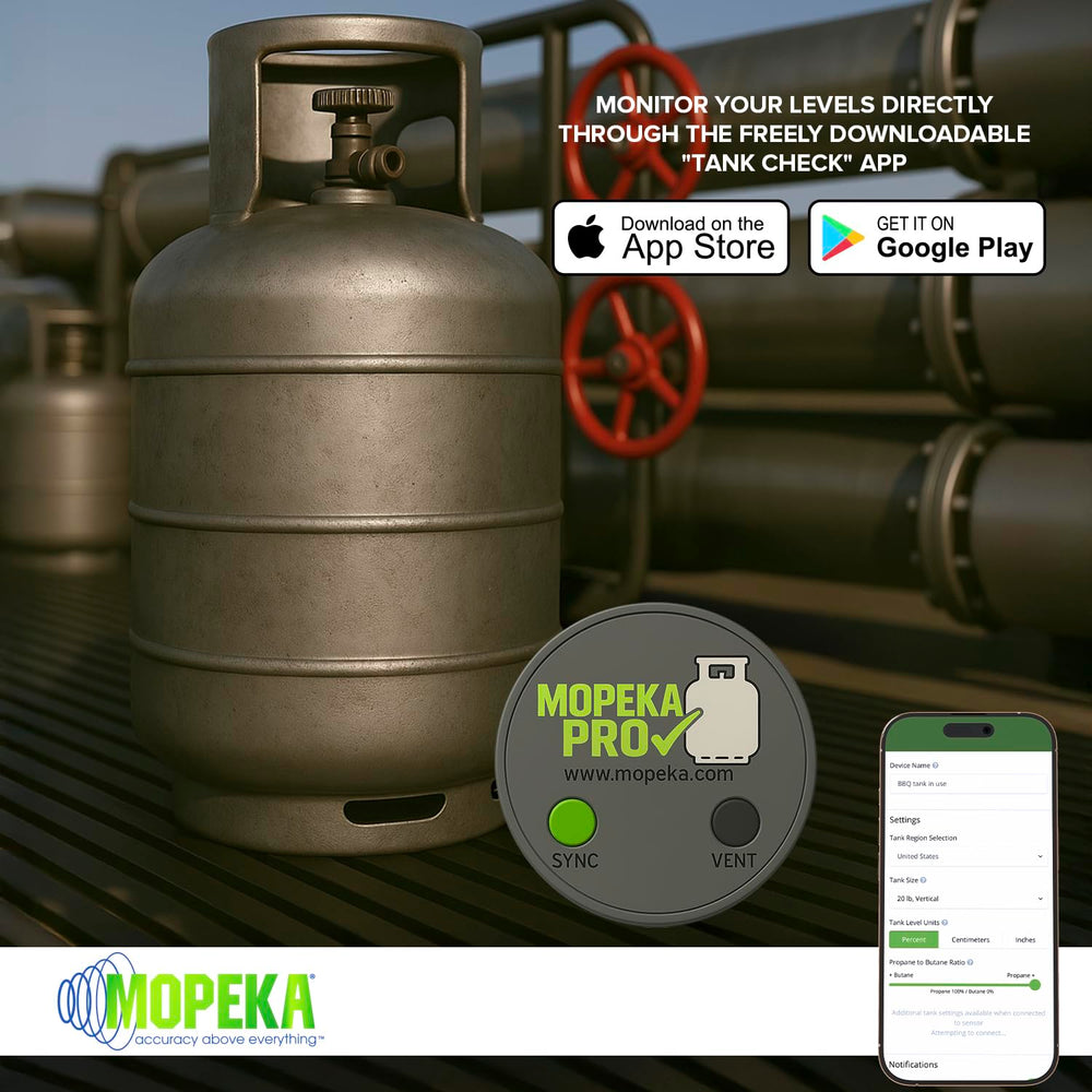 Mopeka Pro Check attached to an RV propane tank showing reliable remote monitoring