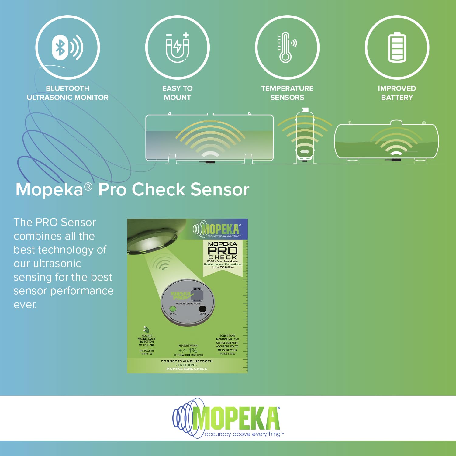 Close-up of Mopeka ultrasonic sensor head highlighting precision sensing technology