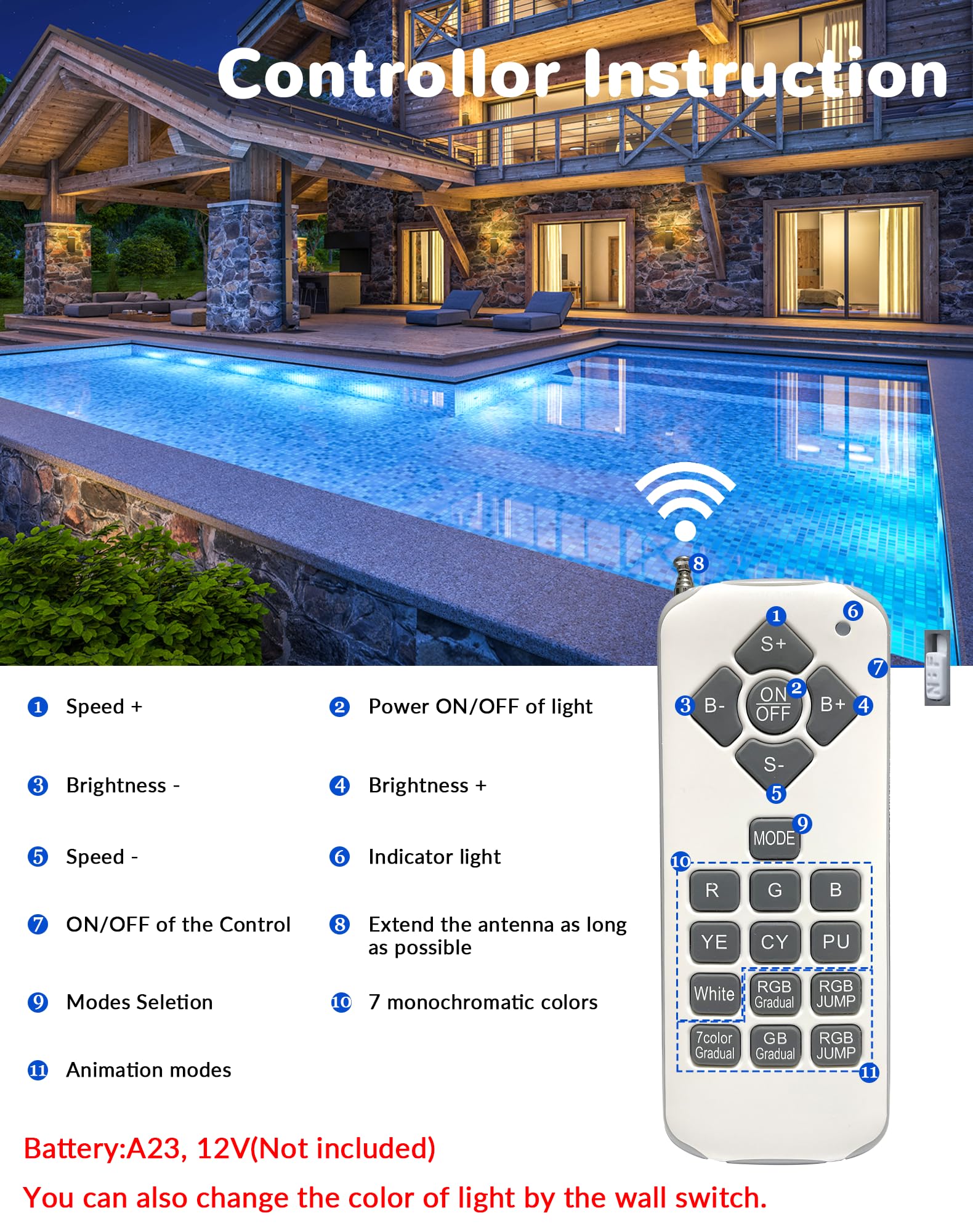 Mopzlink poolside party with color-changing lights creating festive atmosphere