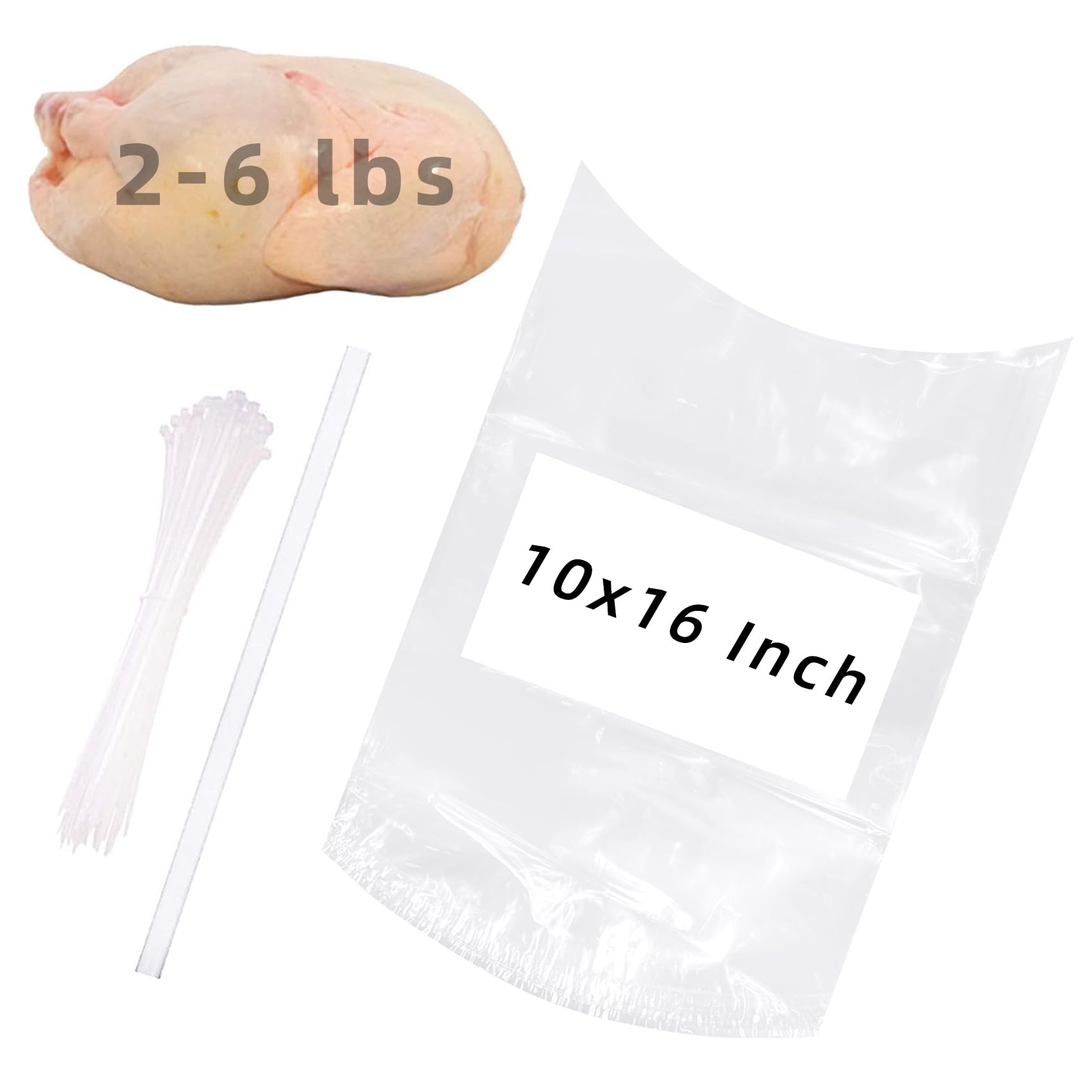 Morepack front packaging showing 100 poultry shrink bags and zip ties, organized for quick use