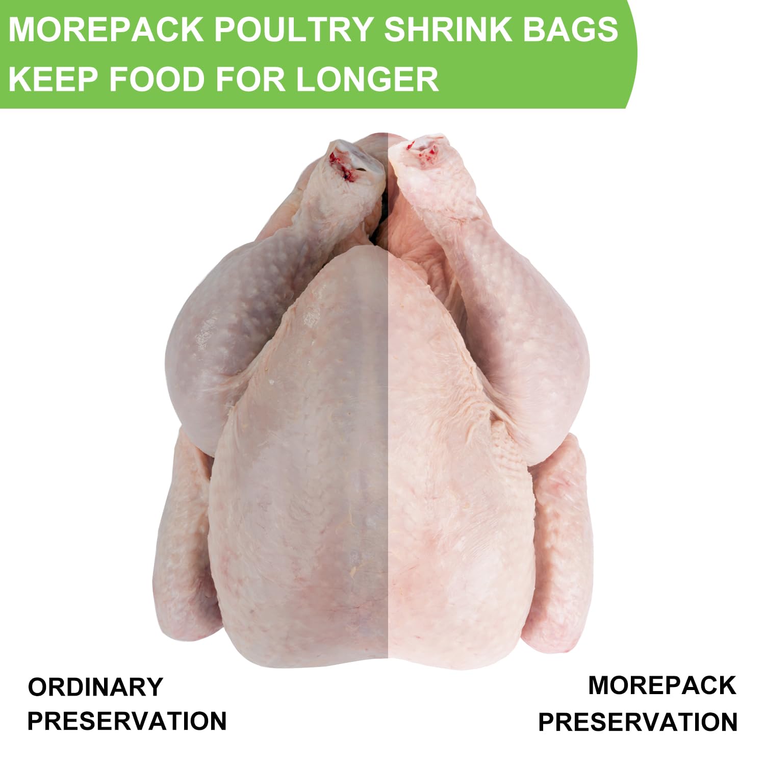 Morepack shrunk chicken next to ruler, illustrating space-saving size and tight fit