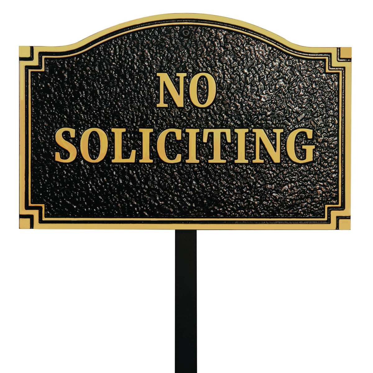 Morgtta front view plaque showing clear no soliciting message and elegant finish