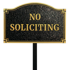 Morgtta front view plaque showing clear no soliciting message and elegant finish