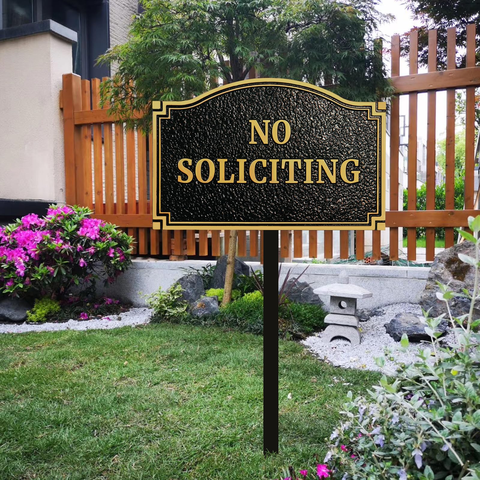 Morgtta installed on yard stake in garden setting adding refined curb appeal