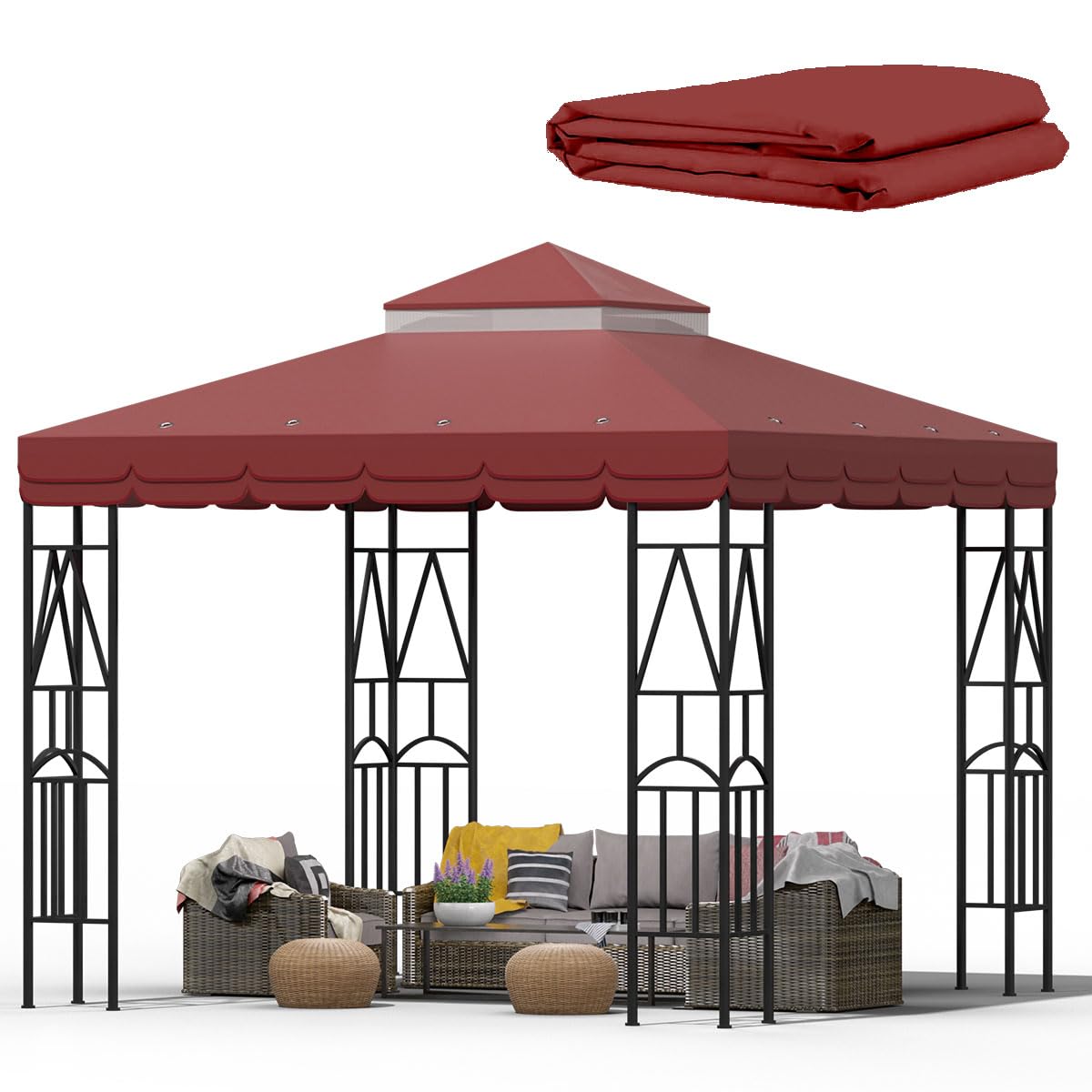 Morikoro front view of red lace canopy top showcasing full coverage and style