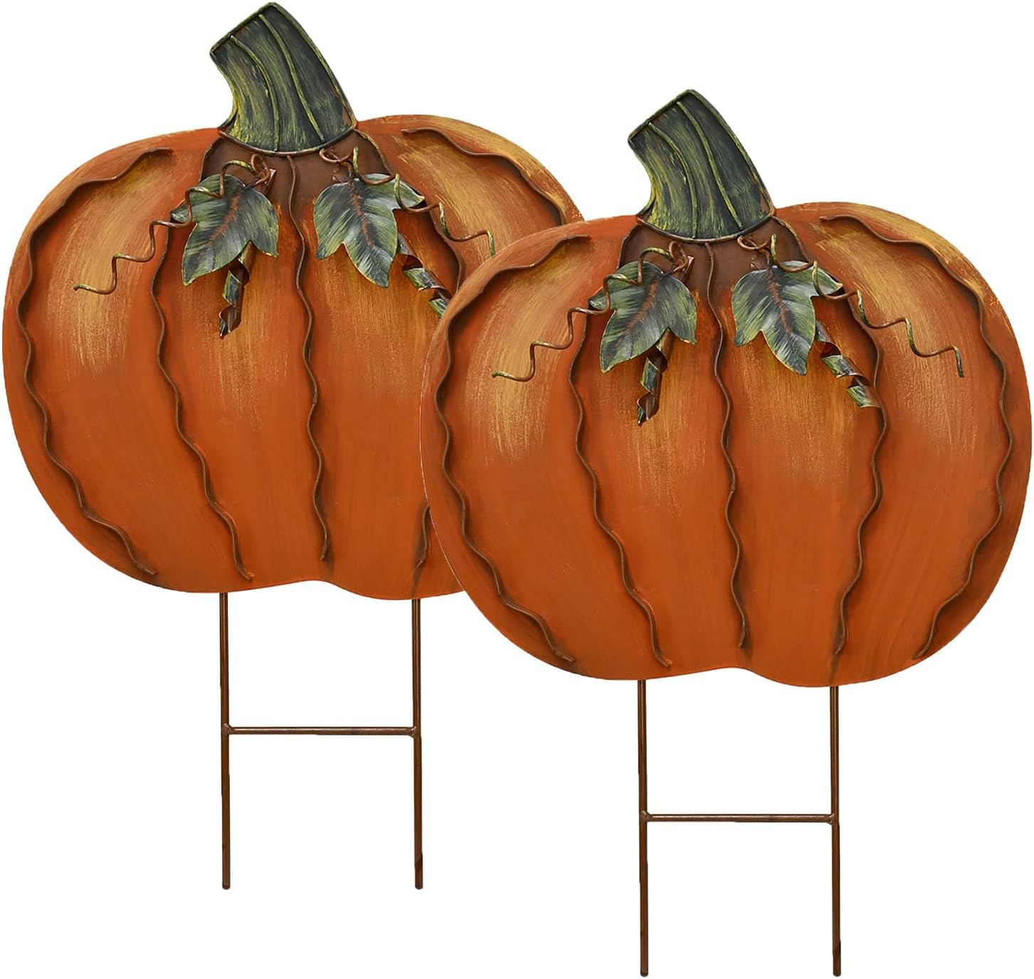 Morning View pumpkin stake front view showing vibrant color and shape, enhances curb appeal