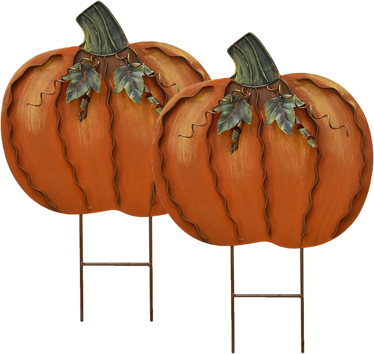 Morning View pumpkin stake front view showing vibrant color and shape, enhances curb appeal