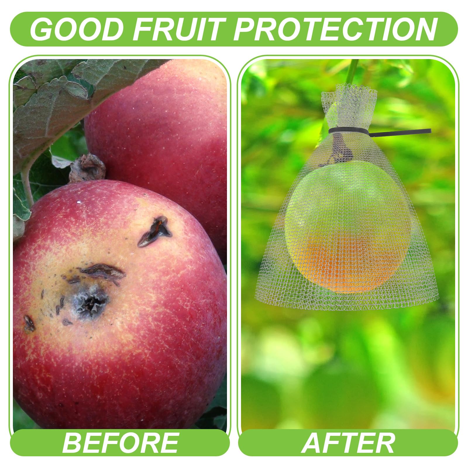 MorningRo mesh bag covering apple on branch preventing pests while allowing ripening