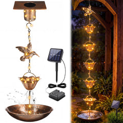 MorningRo brass rain chain front view showing full 8.5ft length and cups, elegant drainage