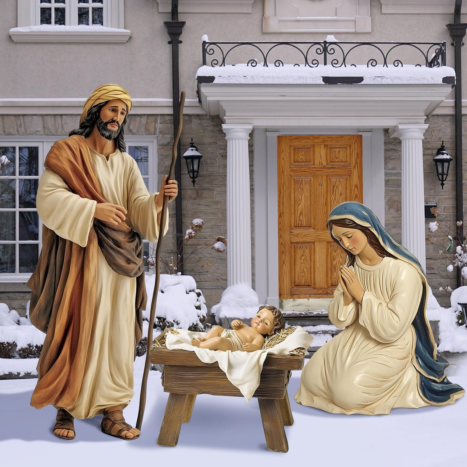 MorningRo nativity set lit in church yard at night creating welcoming holiday scene