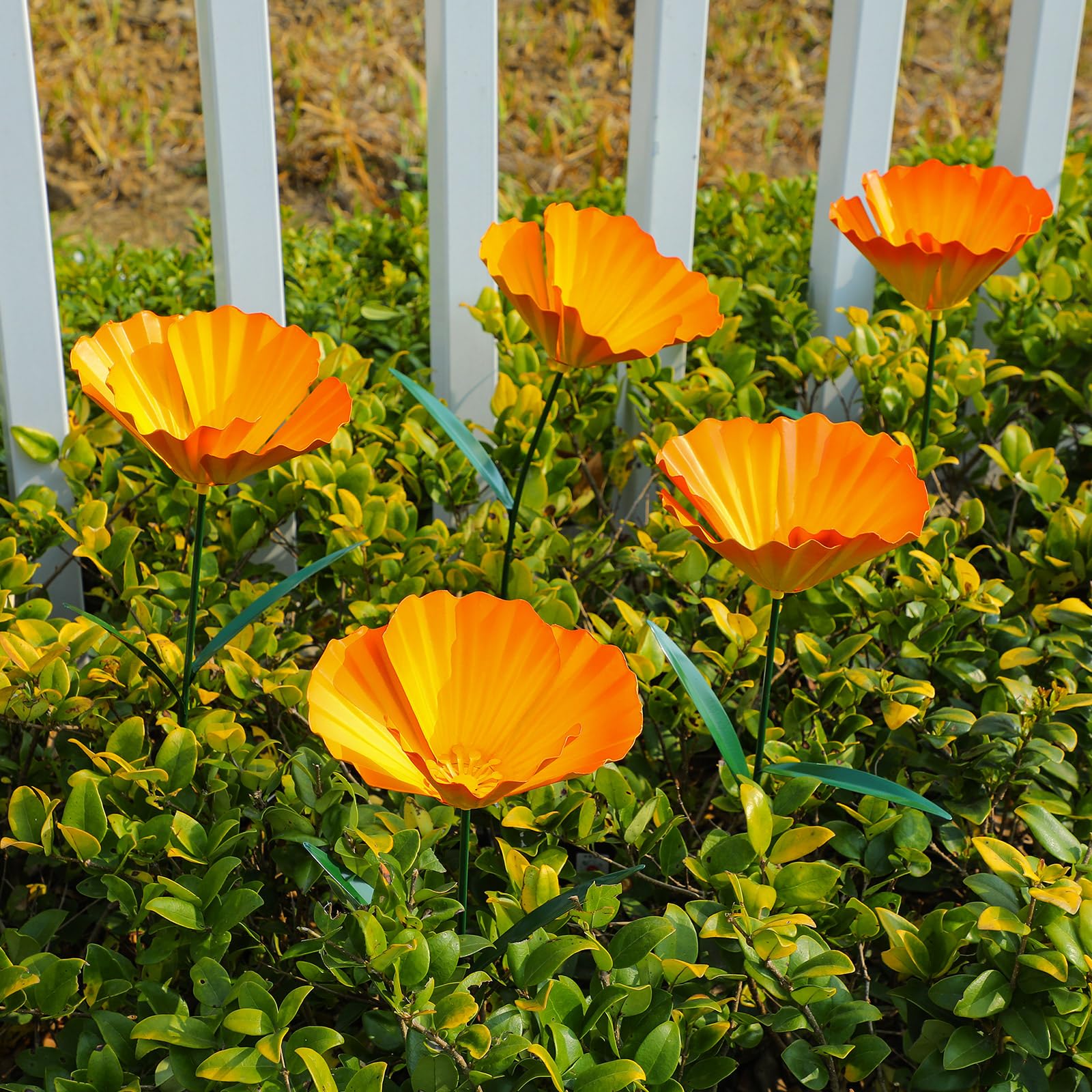 MorningRo front view of 5-pack metal flowers showing vibrant outdoor decor benefit