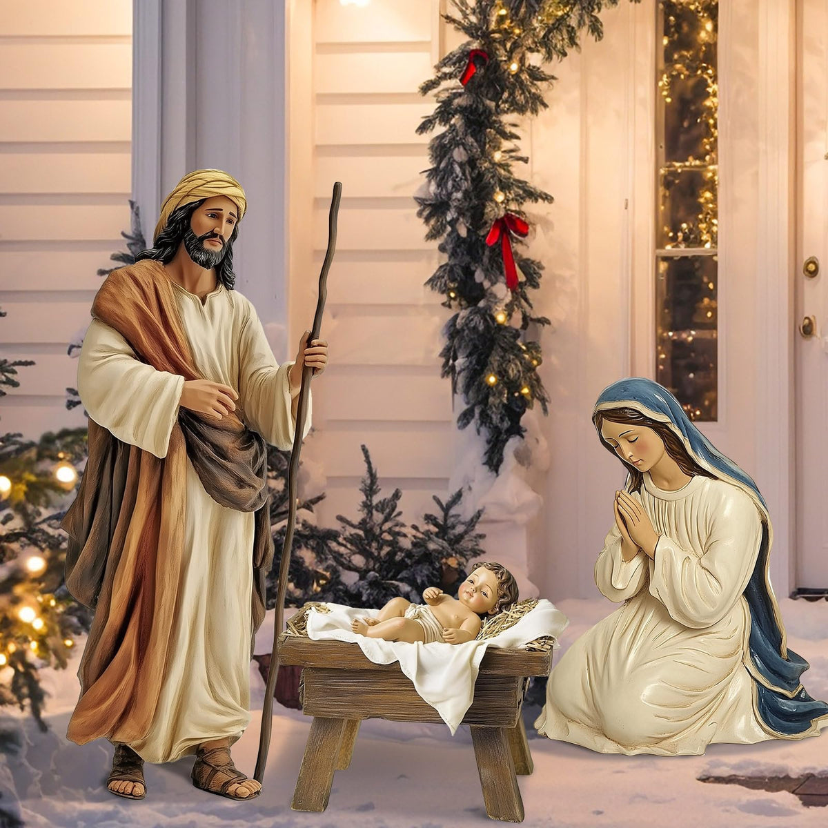 MorningRo front view of three-piece metal nativity set showing clear yard focal point