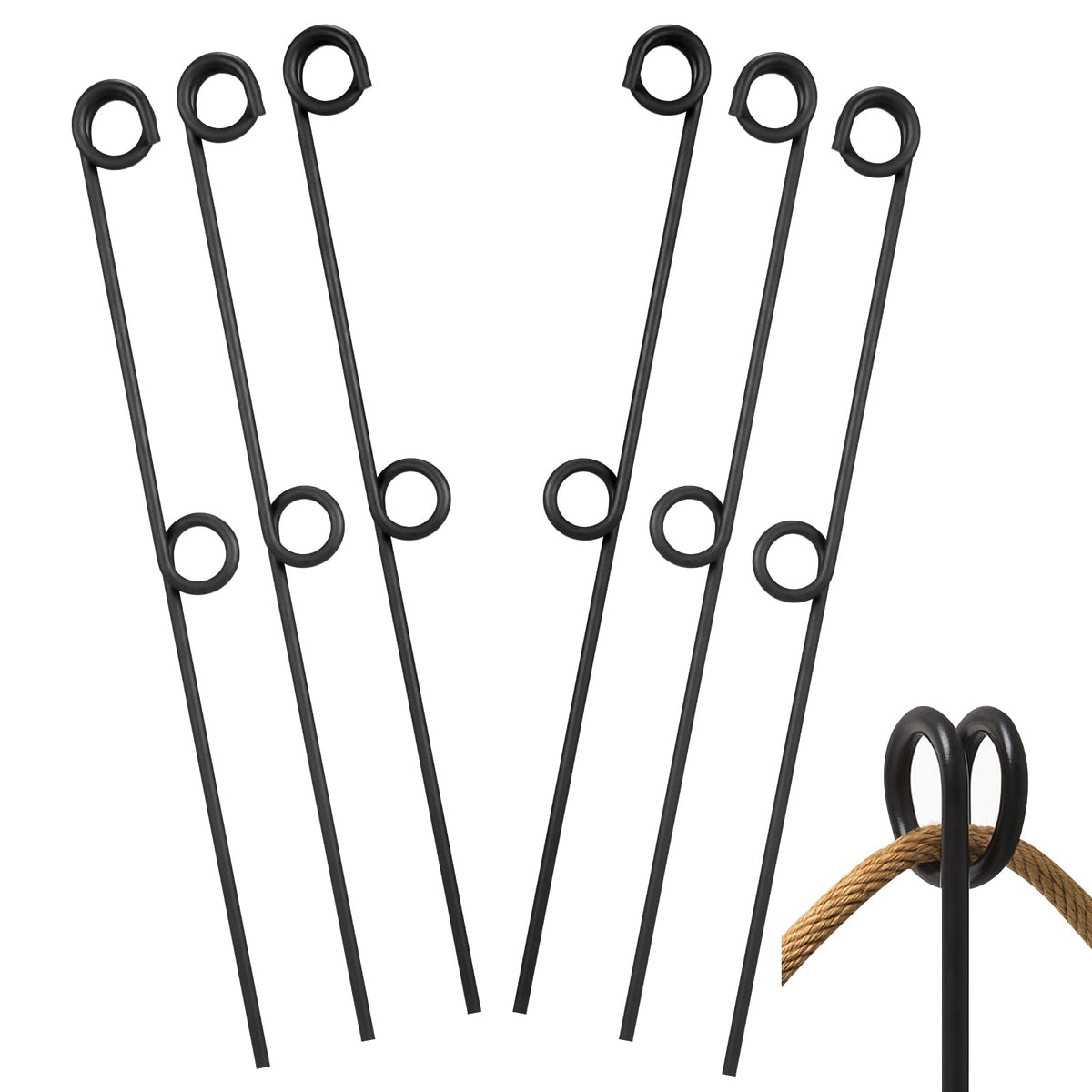 MorningRo front view of six black double rope stakes showing organized set benefit