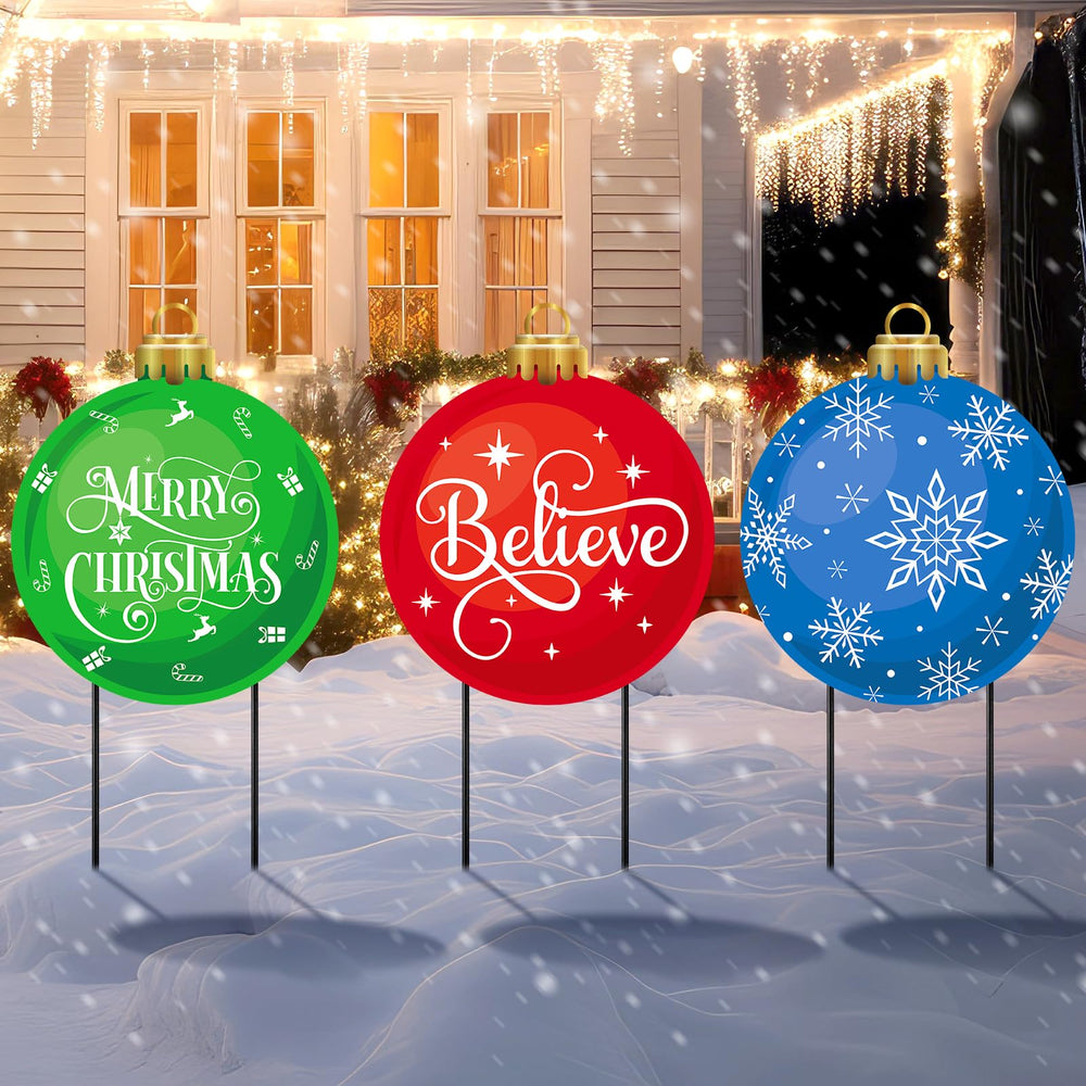 MorningRo front view of three metal Christmas ball signs bright curb appeal