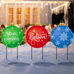 MorningRo front view of three metal Christmas ball signs bright curb appeal