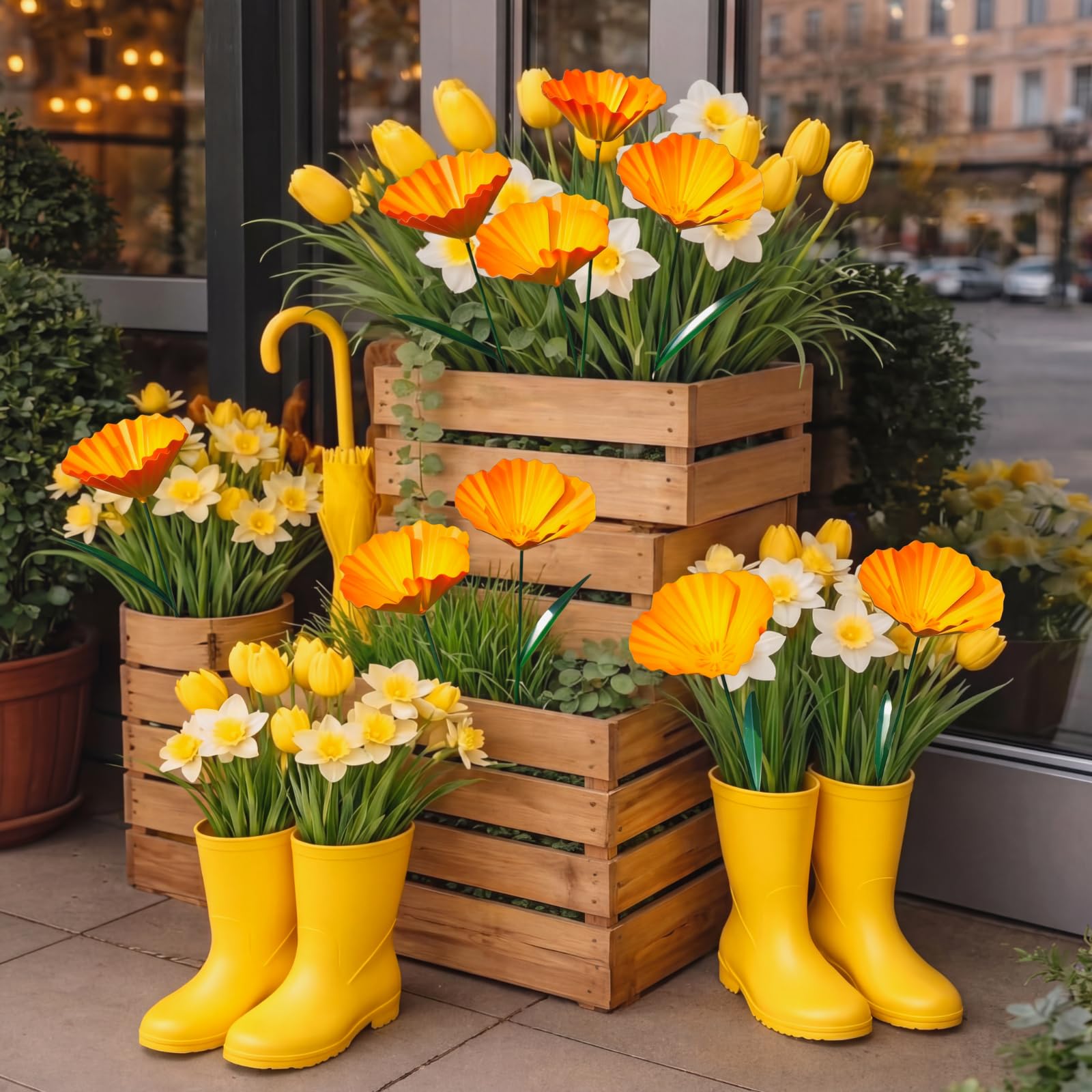 MorningRo metal flowers placed in patio pot adding color without maintenance