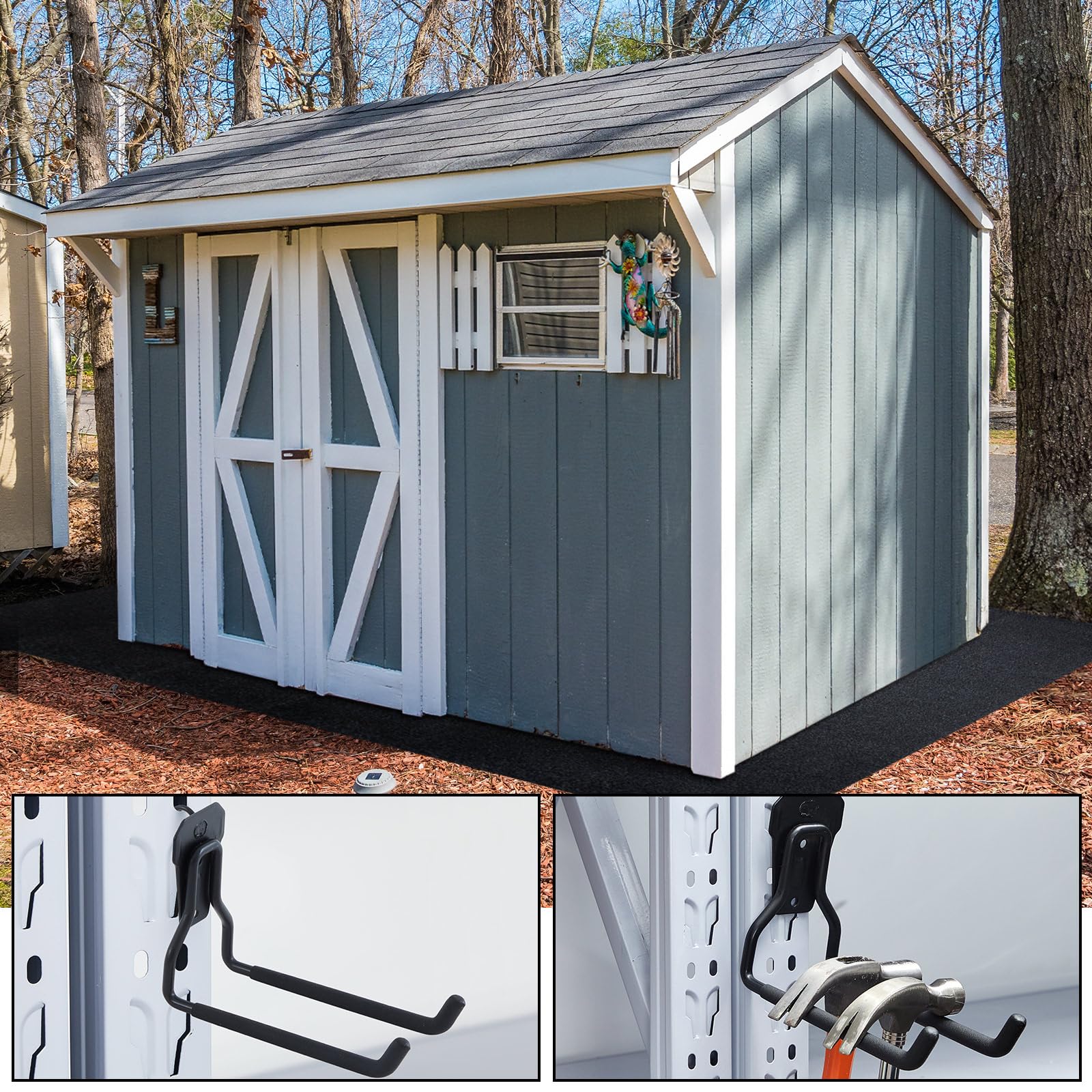 MorningRo hooks in a garden shed setting showing tidy workspace and quick tool retrieval