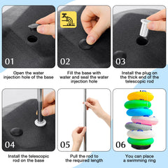 MorningRo rack holding seven swim rings showing generous storage capacity