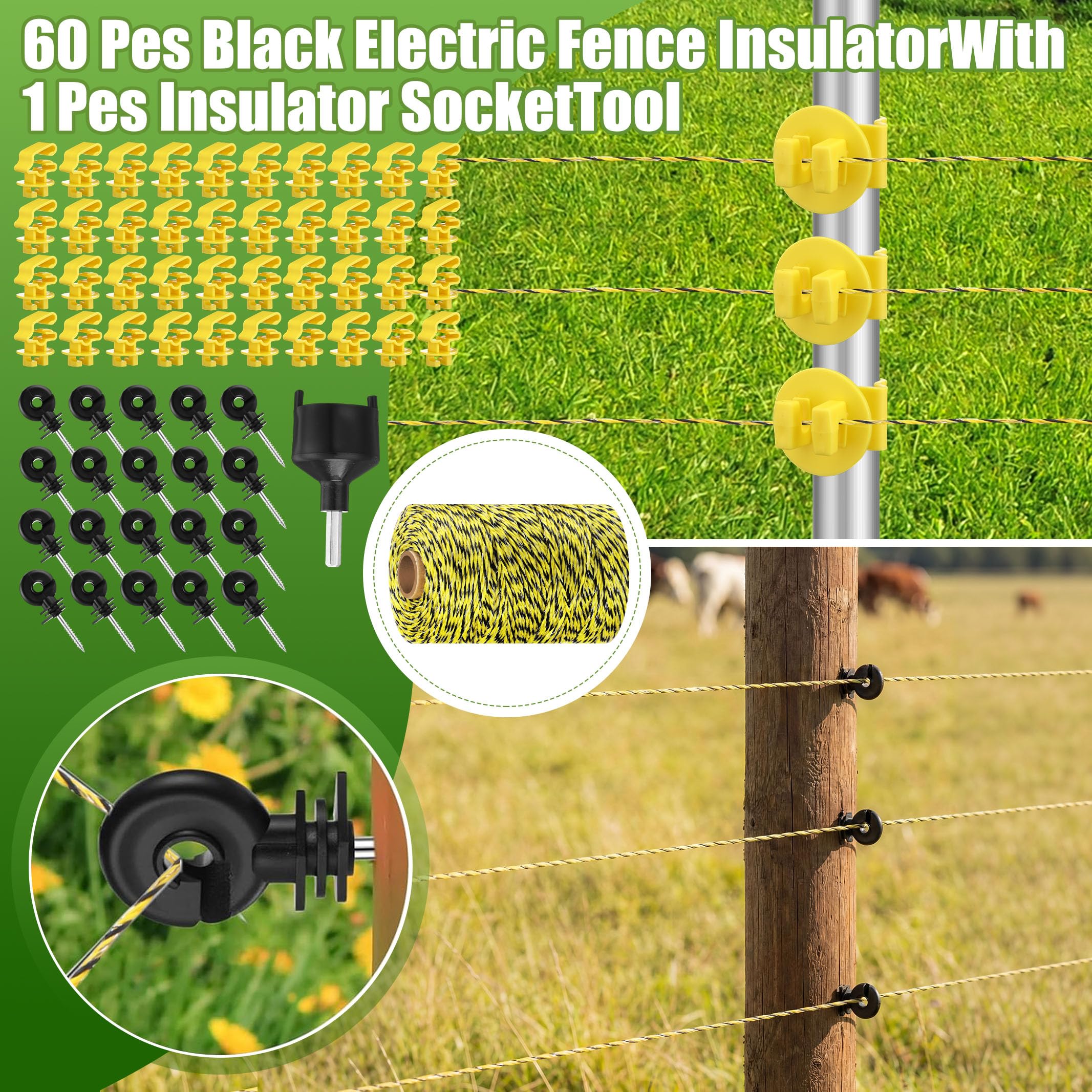 MorningRo black screw-in ring insulators with screws on wood post for clean separation and safety