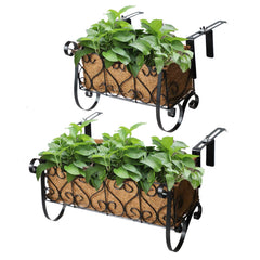MorTime front view of two black metal hanging flower racks showing compact storage and curb appeal
