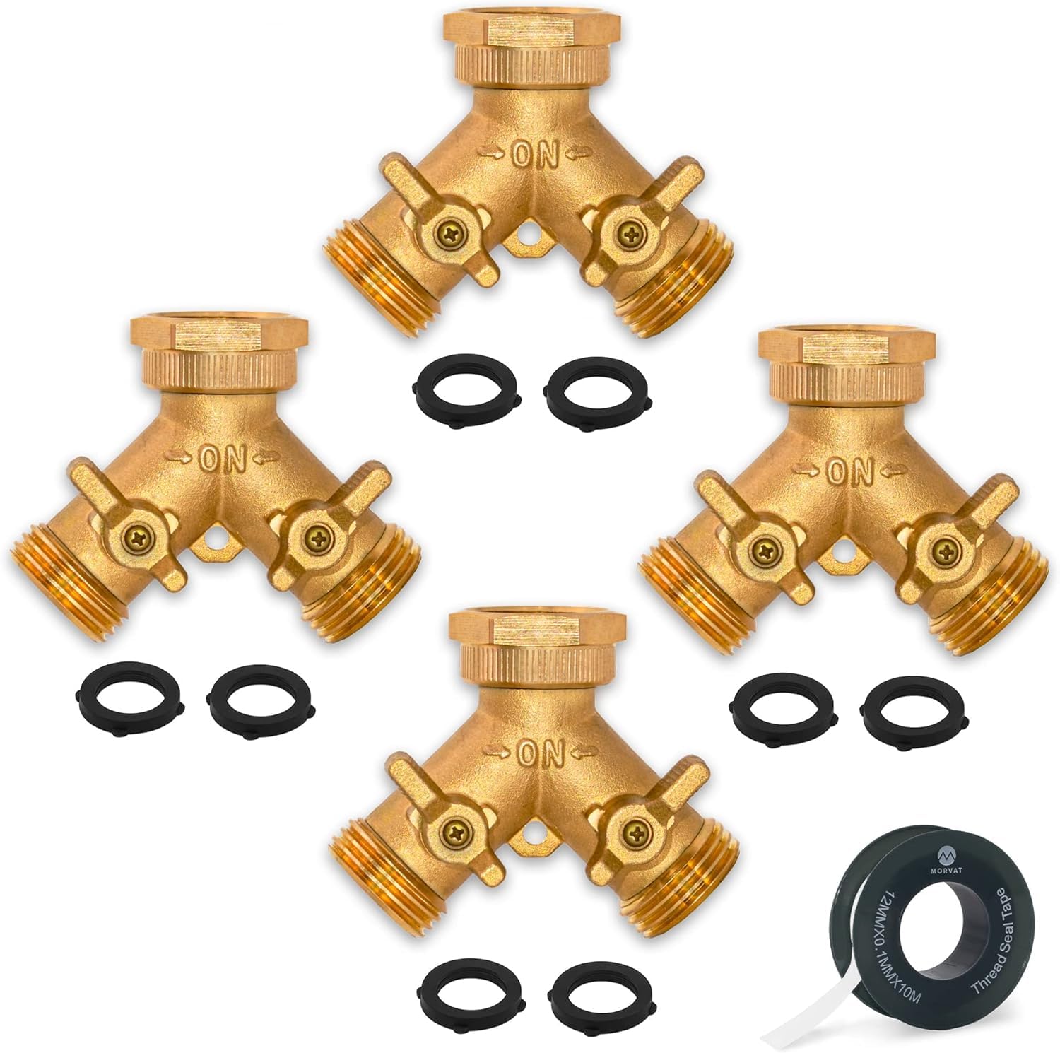 Morvat brass splitter front view showing two outlets and durable body for reliable dual watering
